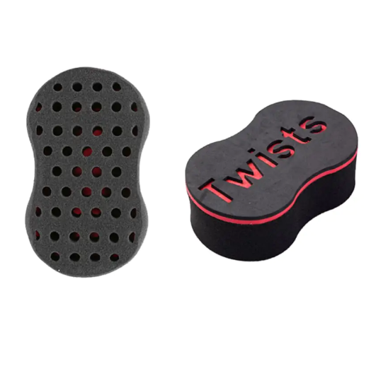 Black hair twist sponge with red lettering, shown from two sides