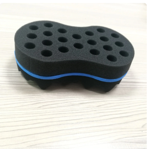Perforated black hair twist sponge with a blue stripe